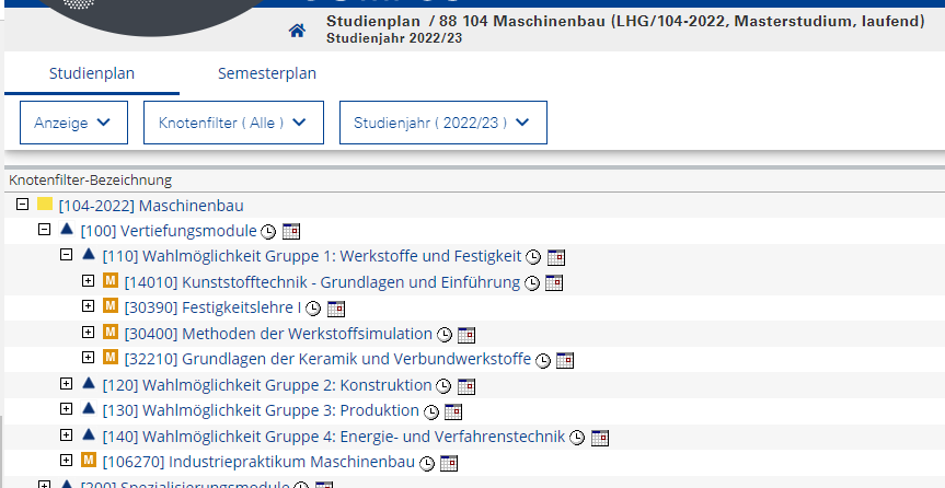 Studienplan des ausgewählten Master of Science