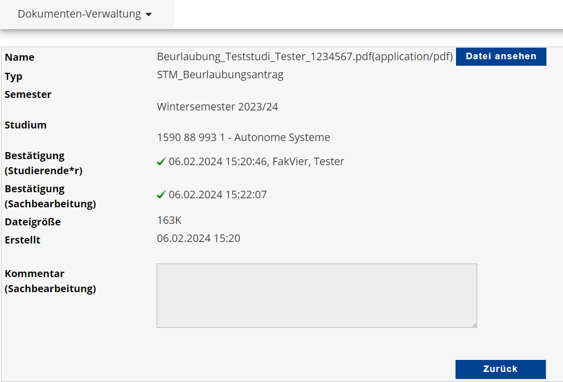 Listenansicht: Antrag bestätigt. Status: ok