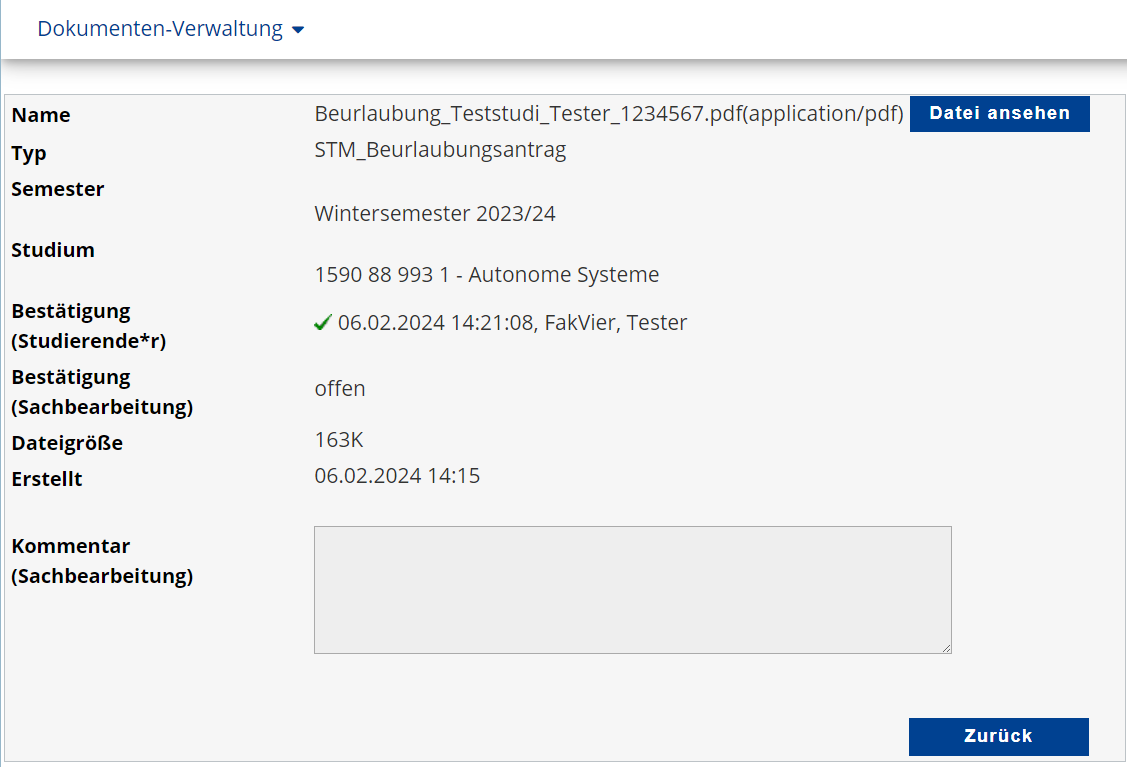 Detailansicht: Antrag gestellt. Status: offen