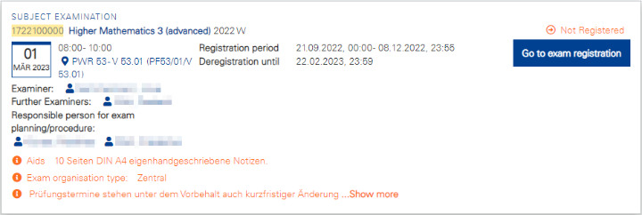 Organizational information and the button "Go to exam registration"